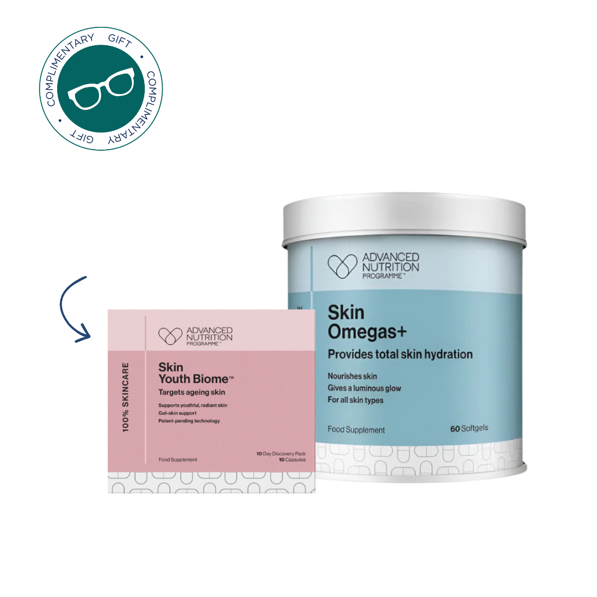 Complimentary 10 pack Skin Youth Biomes when you purchase Skin Omegas+